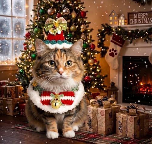 Christmas Dog Costume, Handmade Cat Holiday Outfit with Christmas Tree Hat & Wreath Scarf Set, Adjustable,Lightweight & Breathable,Pet Accessories for Xmas Party & Photos - Image 2