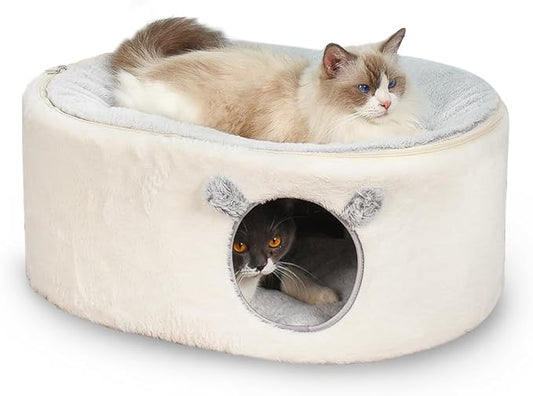 Cat Bed for Indoor Cats, Fluffy Large Enclosed Cat House Cave Pet Bed Hammock with Removable Washable Cover for Sleeping Cats, Kittens, Small Dog, Oval Hideaway
