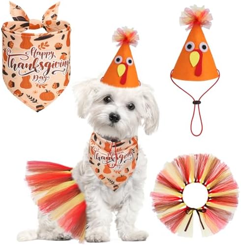 SCENEREAL Thanksgiving Dog Bandana Dress with Hat Set, Pet Turkey Costume for Small Medium Sized Dogs, Cute Tutu Skirt Outfit for Party Halloween by SCENEREAL