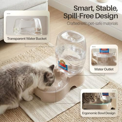 Flexzion Gravity Pet Water Dispenser for Cats & Small Dogs, 3/8 Gal, Beige