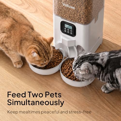 VOLUAS Automatic Cat Feeder for Two Cats with Dual Stainless Bowls, 6L
