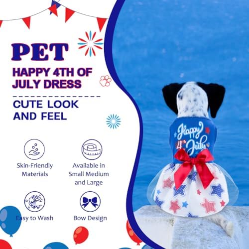 Happy 4th of July Dog Outfit Patriotic Dog Tulle Dress with Red Bowknot Independent Day Dogs Pet Doggie Apparel Clothes for Small Dogs Puppy Cats Girl - Image 4