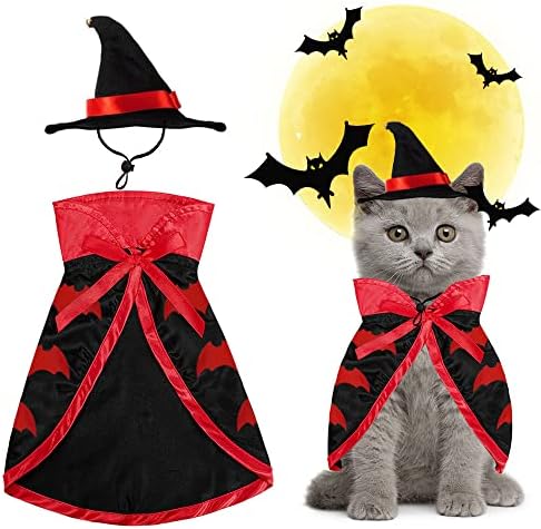 Estivaux Pet Halloween Costumes Dogs Cats Halloween Vampire Pets Costume Cape with Black Red Witch Hat Wizard Cats Cosplay Clothes Apparel for Small Dogs Cats Halloween Party Decorations by Estivaux