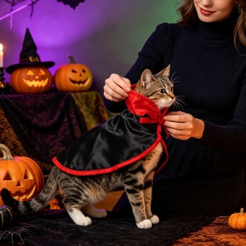 Halloween Cat Vampire Cloak Costume, Red Black Satin Cat Cape Stand Collar, Halloween Pet Cosplay Wizard Devil Outfit for Small Dogs, Kittens, Rabbits, Adjustable - Image 6