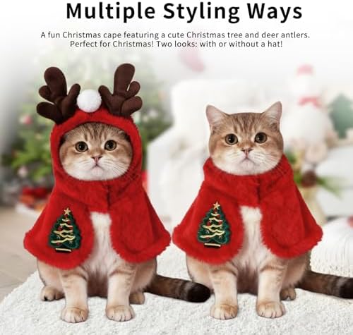 Dog Christmas Costumes Reindeer Hooded Cape, Cute Pet Costumes for Cats Dogs, Soft Fluffy Dog Costume Cat Clothes for Holiday Party and Photos, (Red/L) - Image 2
