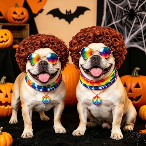 Dog Halloween Costumes,4Pcs Hippie Pet Outfit Wig Rainbow Sunglass Peace Necklace Tie-dye Bandana, Adjustable Funny Cat Cosplay Decoration for Christmas Party Festival Small Medium Large Dogs Girl Boy - Image 2