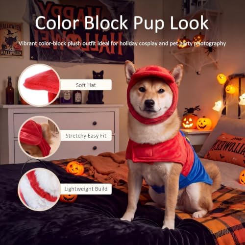 Dansydaisy Dog Halloween Costume Set Funny Red Overalls Outfit with Hat Retro Buddy Themed Dog Clothes for Cosplay Party(Large) - Image 2