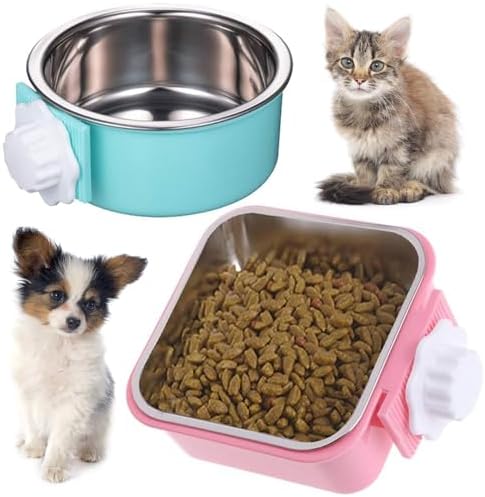 Hamiledyi 2-Pack Hanging Dog Bowls with Removable Stainless Steel Feeder - Spill-Proof Crate Bowls for Kennel/Cage, Puppy to Medium Dogs, Cats, Rabbits & Guinea Pigs (Durable Pet Food & Water Dishes)