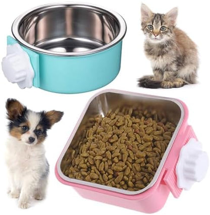 Hamiledyi 2-Pack Hanging Dog Bowls with Removable Stainless Steel Feeder - Spill-Proof Crate Bowls for Kennel/Cage, Puppy to Medium Dogs, Cats, Rabbits & Guinea Pigs (Durable Pet Food & Water Dishes)