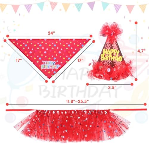 SCENEREAL Dog Birthday Bandana with Hat and Dress Girl Set, Puppy Birthday Party Supplies, Cute Tutu Skirt Red Outfit for Small Medium Large Dogs - Image 2