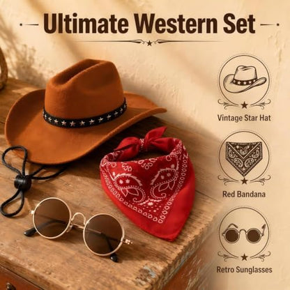 Dog Halloween Costumes, 3PCS Pet Western Cowboy Hat with Scarf and Sunglass - Image 3