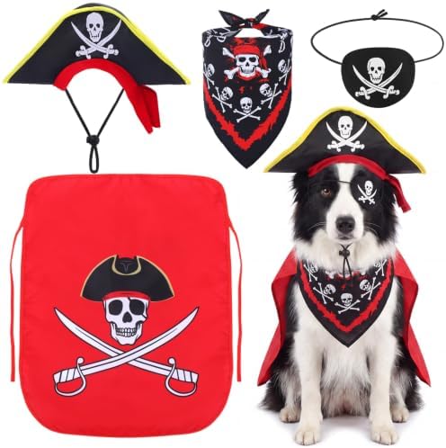 Huhumy 4 Pcs Dog Pirate Costume Hat Cape Bandana, Red, Large by Huhumy