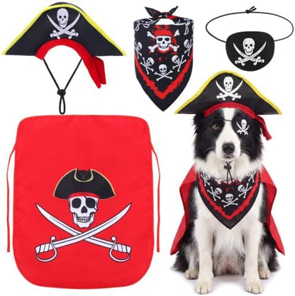 Huhumy 4 Pcs Dog Pirate Costume Hat Cape Bandana, Red, Large by Huhumy