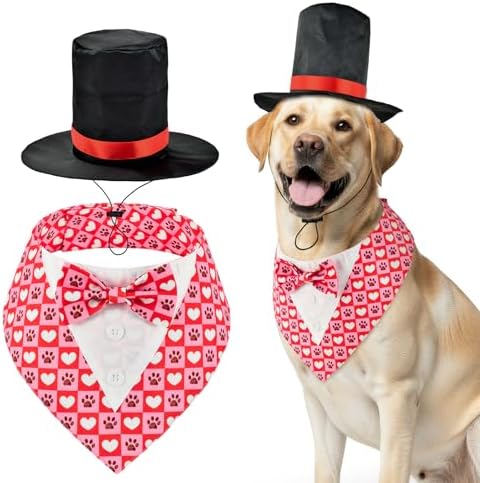 Valentine’s Day Heart Pattern Dog Adjustable Tuxedo Pet Paw Pattern Puppy Collar with Black Top Hat Love-Themed Pet Costume Set for Cats Puppy Dog L by PetToysSupplies