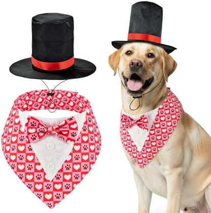 Valentine’s Day Heart Pattern Dog Adjustable Tuxedo Pet Paw Pattern Puppy Collar with Black Top Hat Love-Themed Pet Costume Set for Cats Puppy Dog L by PetToysSupplies