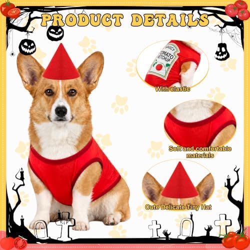 2 Pcs Halloween Dog Costume Set 4XL Tomato Ketchup Themed Pet Outfit with Matching Cone Hat Sleeveless Printed Tank Top for Medium Large Dogs Holiday Party Dress Up - Image 3