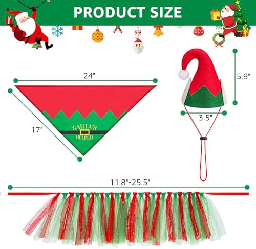 SCENEREAL Christmas Dog Bandana Dress with Hat Set, Pet Santa Costume for Small Medium Sized Dogs, Cute Tutu Skirt Outfit for Party Halloween - Image 4