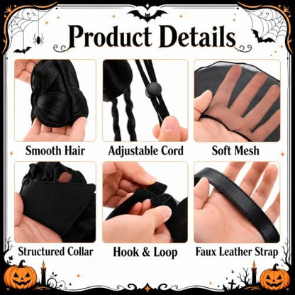 3 Pcs Halloween Dog Dress Costume with Belt Wig, Black Cute Pet Costume (L) - Image 2