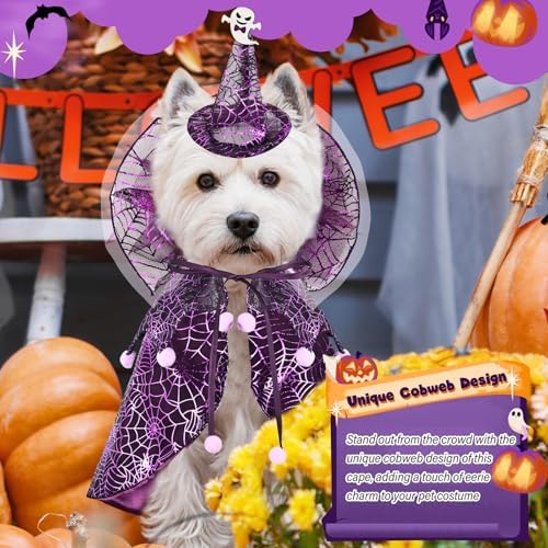 Dog Cat Halloween Costume Cobweb Tulle Cape & Wizard Hat Purple, LXL - Image 3