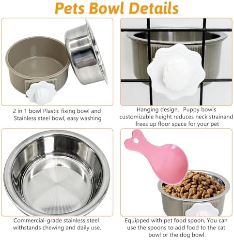 Hamiledyi Crate Dog Bowl Cat 2 Pcs Removable Stainless Steel Hanging No Spill Pet Bowl for Kennels Durable Detachable Design Fits Small Medium Dog Cages (Grey