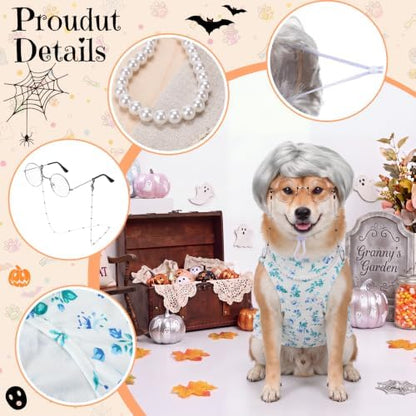 4Pcs Halloween Old Lady Costume Dog Grandma Outfit, Blue Ditsy Floral, 2 XL - Image 3