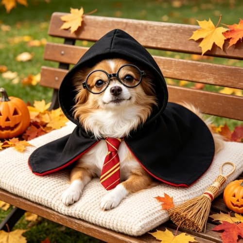 Dog Wizard Costume Set for Small Dogs, Black Red Cape with Tie and Round Glasses, Funny Halloween Dog Costume for Puppy, Pet Parties, Trick or Treat, Photo Props and Dress Up Fun for Parties - Image 5