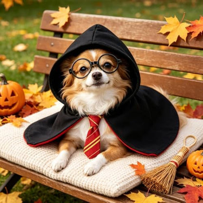 Dog Wizard Costume Set for Small Dogs, Black Red Cape with Tie and Round Glasses, Funny Halloween Dog Costume for Puppy, Pet Parties, Trick or Treat, Photo Props and Dress Up Fun for Parties - Image 5