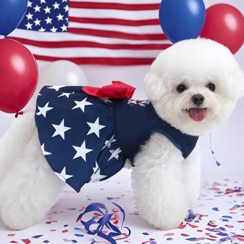 XPUDAC 4th of July Dog Dress Patriotic Clothes Stars Skirt with Bow Independence Day Doggie Outfit Pet Holiday Apparel for Small Dog Girl Cat, M - Image 4