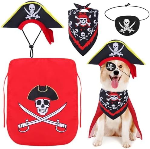 Huhumy 4 Pcs Dog Pirate Costume Hat Cape Bandana, Red, Medium by Huhumy