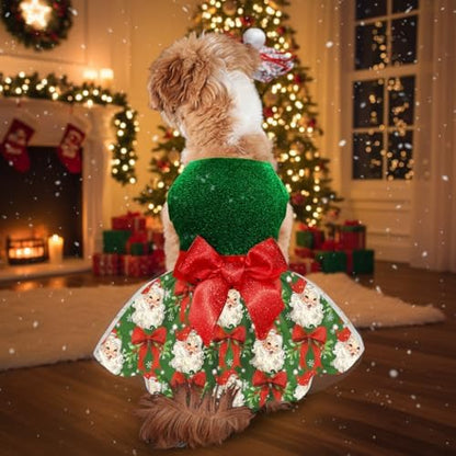 Christmas Dog Dress, Festive Holiday Pet Outfit, Shiny Green Top with Glittery Red Bow and Santa Claus Print Skirt - Image 5