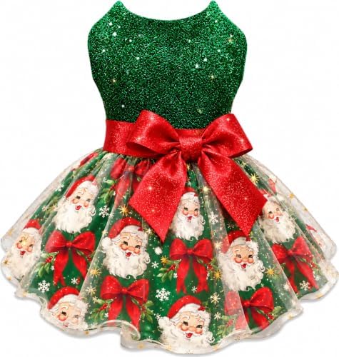 Christmas Dog Dress, Festive Holiday Pet Outfit, Shiny Green Top with Glittery Red Bow and Santa Claus Print Skirt by Miiemiu
