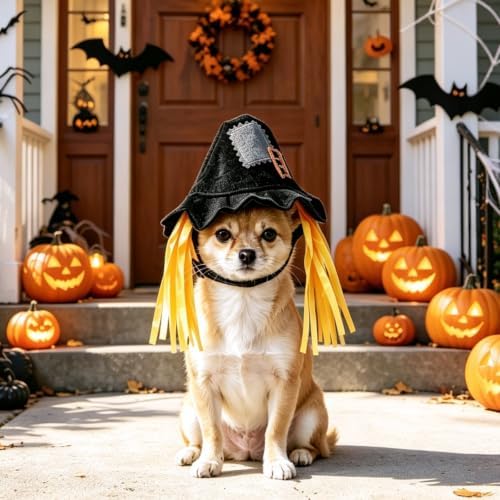 NAMSAN Pet Scarecrow Costume for Cats Small Dogs Rabbits, Halloween Cat Hat with Wig, Small Dog Scarecrow Hat, Halloween Cat Wig Straw Outfit for Holiday Party Cosplay Statue Decoration - Image 3