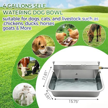 Automatic Dog Water Dispenser with Drain Hole, 304 Stainless Steel Auto Water Dog Bowl with Float Valve, Hose Quick Connect Fitting, Automatic Livestock Waterer for Horse, Chicken (4 Gallons)