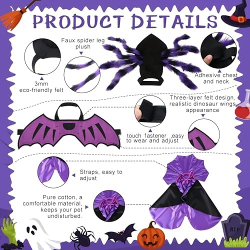 3 Pcs Halloween Costume for Dog Cat, Spider Bat Wings Cape, Purple, M - Image 3