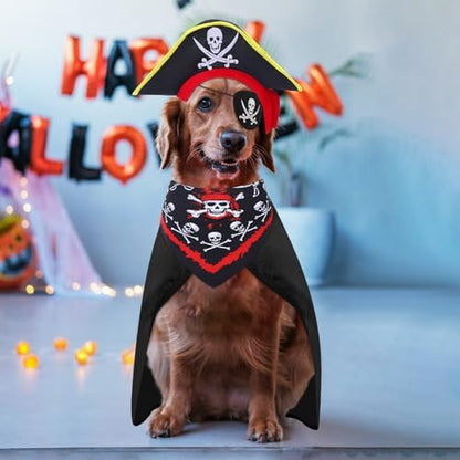 Huhumy 4 Pcs Dog Pirate Costume Hat Cape Bandana, Black, Medium - Image 3