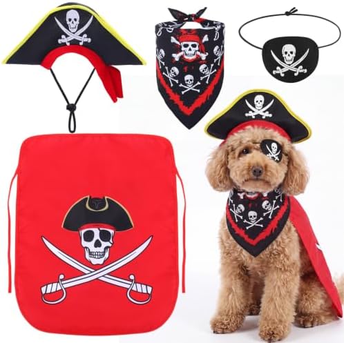 Huhumy 4 Pcs Dog Pirate Costume Hat Cape Bandana, Red, Small by Huhumy