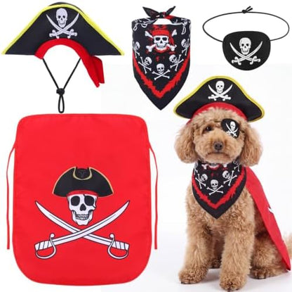 Huhumy 4 Pcs Dog Pirate Costume Hat Cape Bandana, Red, Small by Huhumy