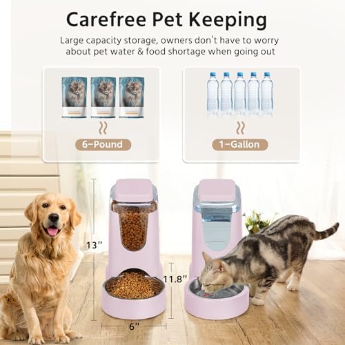 2 Pack Automatic Cat Feeder and Stainless Steel Water Dispenser, Gravity Dog Waterer Set Food Feeder and Waterer Set for Small Medium Kitten Puppy Pets(1 Gallon x 2, Violet)