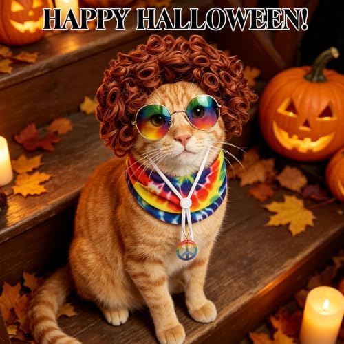 EXPAWLORER 4 Pcs Hippie Dog Halloween Costume, Funny Pet Cosplay Set Includes Adjustable Curler Wig, Sunglasses, Tie-Dye Scarf & Necklace, Ideal for Halloween, Christmas, Cosplay & Birthday Parties - Image 7