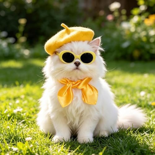 Dog Beret Scarf Glasses Pet French Beanie for Small Dogs(Yellow, Small) - Image 7