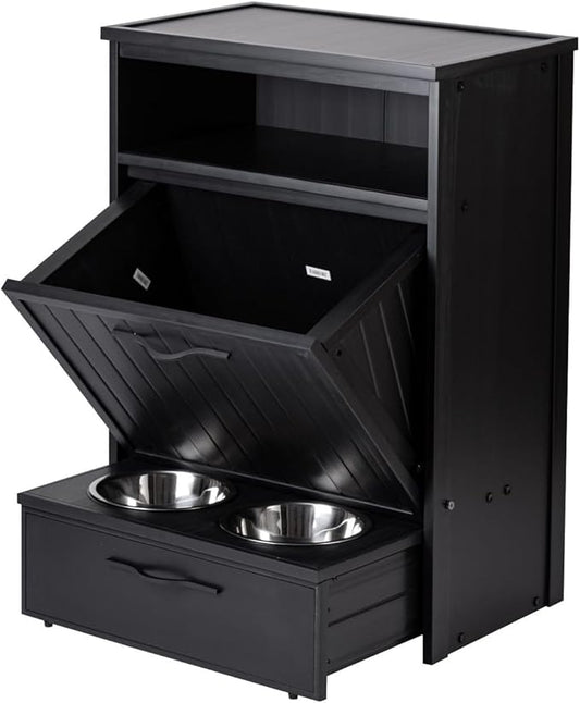 New Age Pet ECOFLEX Brea Dog Food Pantry in Black, Two 32 oz Bowls, Moisture Resistant, Easy Assembly, Holds 25 lbs