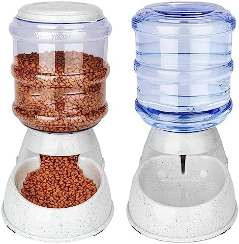 Old Tjikko Automatic Feeder and Water Dispenser in Set,Gravity Food Feeder and Waterer with Pet Food Mat,Large, 3 Gallonx 2, Gray (Water and Food Dispenser Set)
