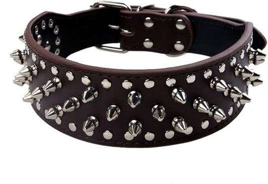 Serijoars Spiked Studded Dog Collar, PU Leather Dog Collar, Adjustable Pet Collars for Medium or Large Breed Pet (L, Dark Brown)