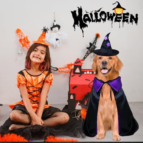 Dog Halloween Costumes, Dog Witch Costume Funny Pet Witch Cloak Cape Wizard Hat Holiday Outfit Clothes Halloween Costumes for Small Medium Large Dogs Pets (Large) - Image 6