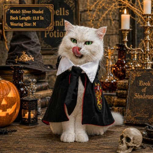 Cat Halloween Costumes - Adjustable Dog Cat Wizard Costume,Pet Hooded Cape Glasses Necktie Set,Funny Puppy Small Dog Halloween Costumes Boy Girl, Black Red Pet Magician Cosplay Outfits - Image 2