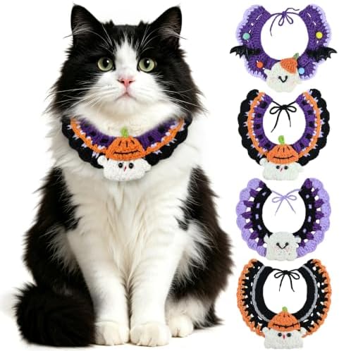 4 Pcs Halloween Cats Dogs Pets Crochets Handmade Collars Soft Wool Neck Collars Knitted Costume Photo Shoot Props Bibs for Multiple Family Matching Set (Cute Ghosts) by Elasign