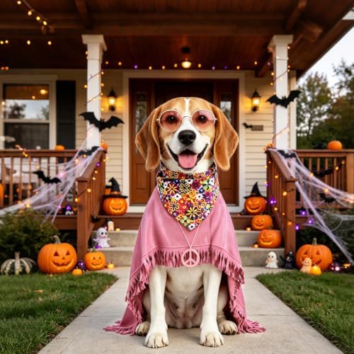 PAWCHIE Halloween Dog Hippie Costume Set 60s 70s, Pet Costume Accessories Includes Hippie Fringed Cape Bandana Glasses and Peace Necklace, Adjustable Boho Pet Outfit for Large Dogs Party Photo, Pink L - Image 2