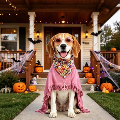 PAWCHIE Halloween Dog Hippie Costume Set 60s 70s, Pet Costume Accessories Includes Hippie Fringed Cape Bandana Glasses and Peace Necklace, Adjustable Boho Pet Outfit for Small Dogs Party Photo, Pink S - Image 2