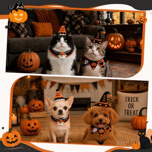 4 Pcs Halloween Cats Dogs Pets Crochets Handmade Collars Soft Wool Neck Collars with Hats Knitted Costume Photo Shoot Props Bibs for Multiple Family Matching Set (Cool Pumpkins) - Image 4