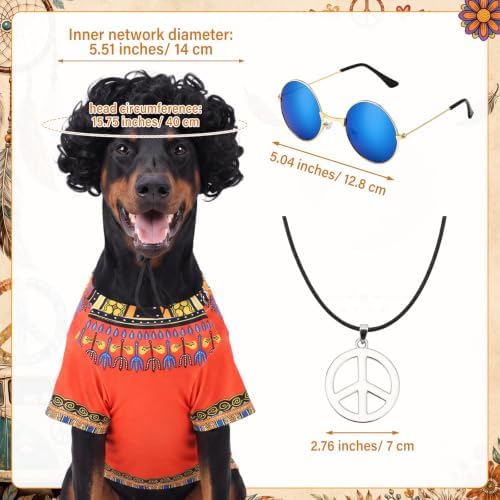 Kinlop 4 Pcs Hippie Dog Costume Halloween Pet Costume Accessories Includes 60s 70s African Dashiki T-Shirt Afro Wig Peace Sign Necklace and Sunglasses for Party Dress Up(XXL) - Image 3